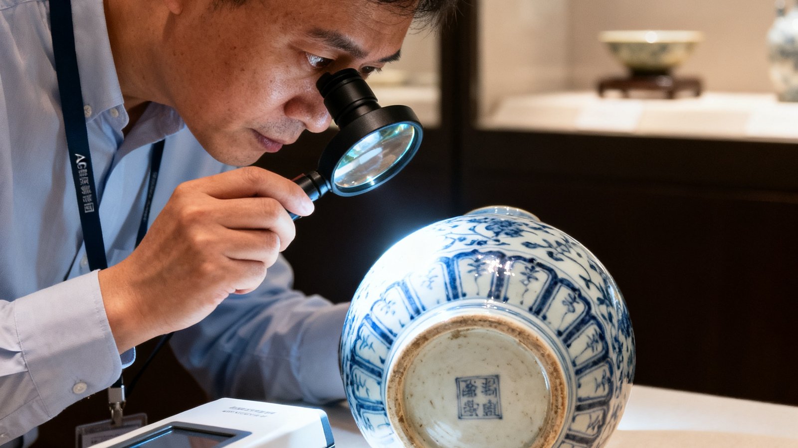 国际拍卖会预展现场，AG贵宾厅集团的专业研究团队手持高倍放大镜，正仔细审视一件明代青花瓷的釉面纹理和底款细节，旁边摆放着便携式光谱分析仪。