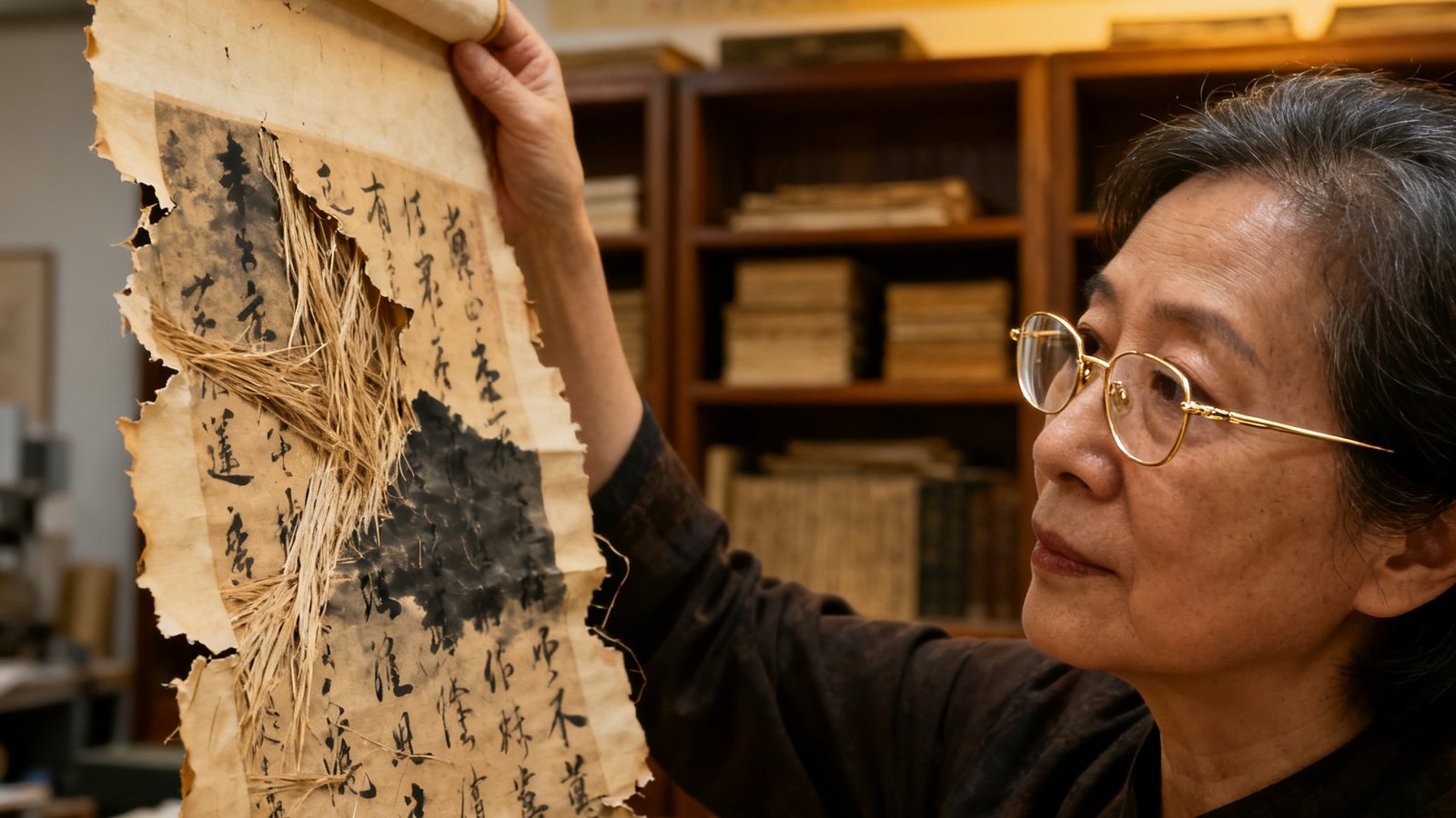 沈蕴之女士戴着金丝边眼镜，在工作室中手持一幅明代书法卷轴，借助专业灯光仔细端详纸张纤维和墨色层次，神情严谨专注。